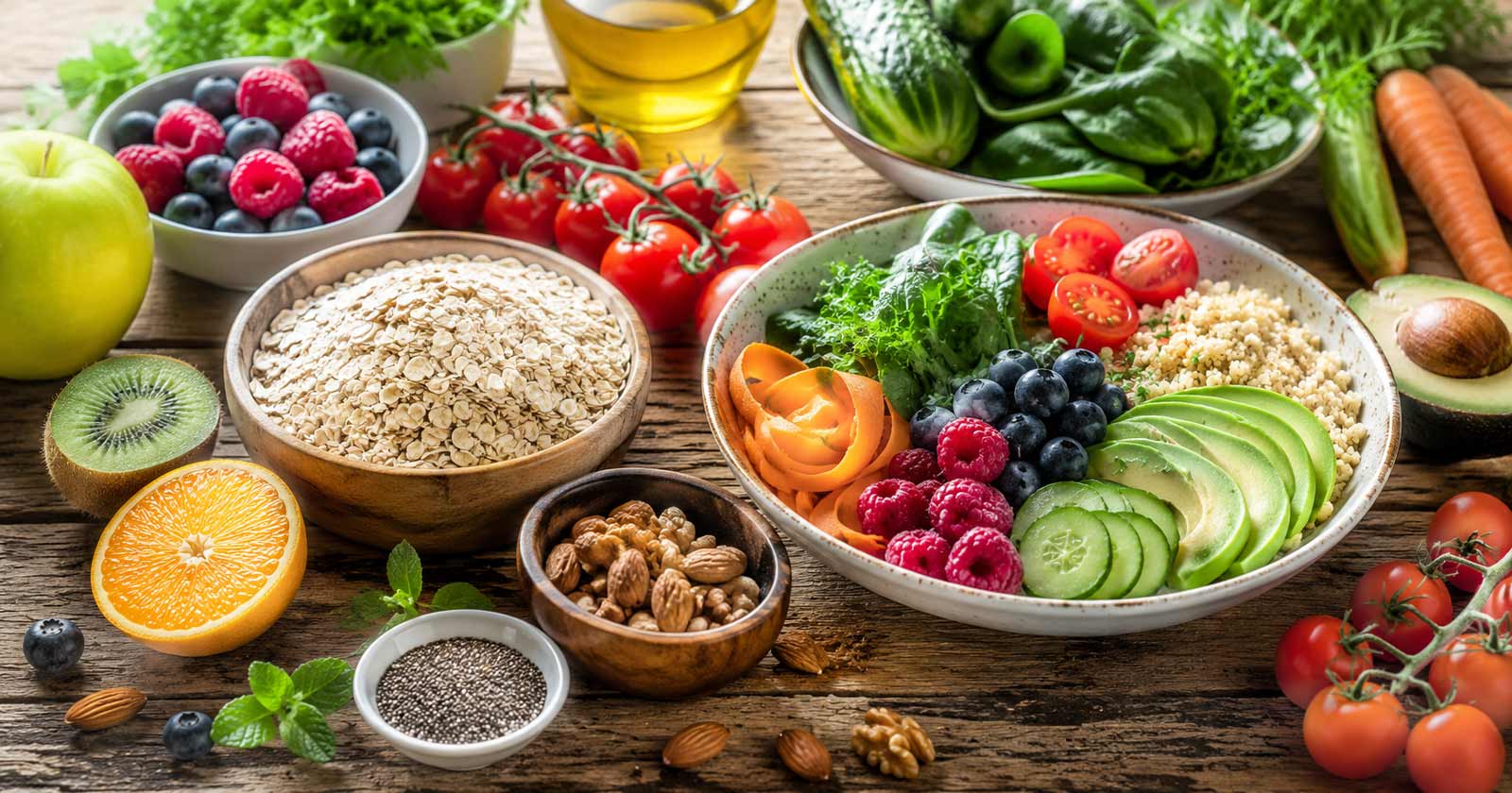 Frische, bunte Lebensmittel auf einem Holztisch – Symbol für gesunde Ernährung