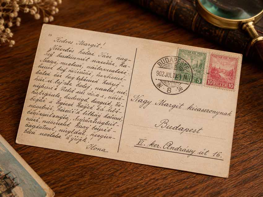 AK Ungarn gelaufen mit alter Handschrift, Briefmarke und Stempel auf der Rückseite