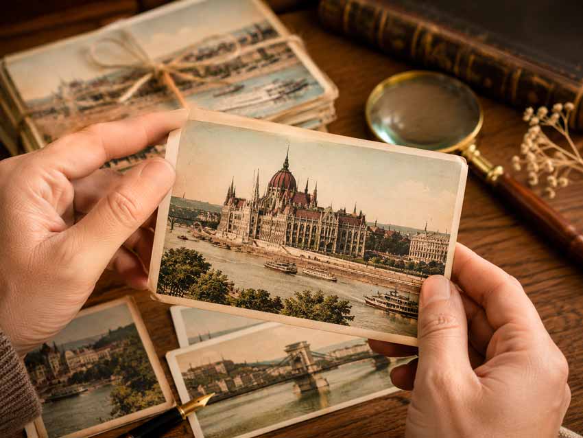 Ungarn Postkarten Sammler betrachtet historische Ansichtskarten mit Patina und Stempel