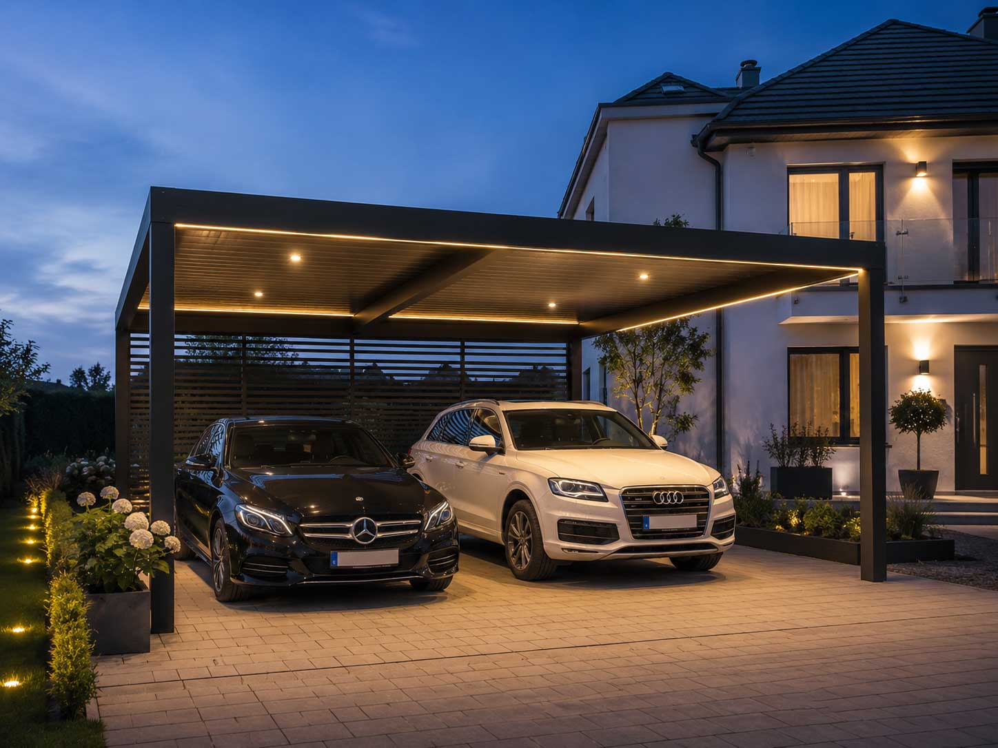 Carport mit LED-Beleuchtung – integrierte Spots und Lichtleisten