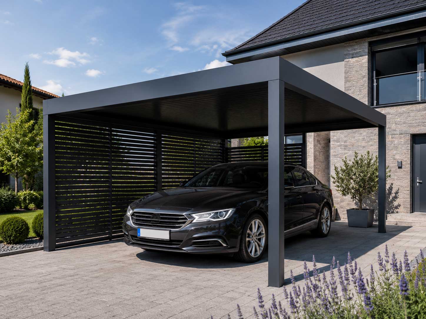 Aluminium-Carport mit Seitenwänden als Wind- und Sichtschutz