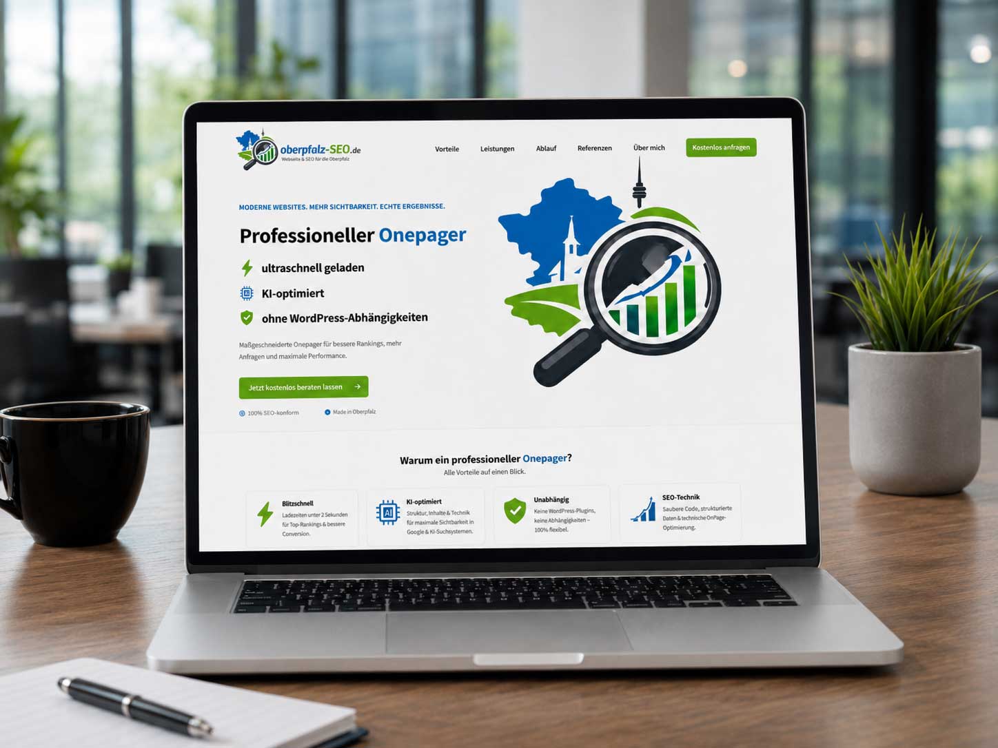 Professioneller Onepager auf einem modernen Laptop-Display — ultraschnell geladen, KI-optimiert und ohne WordPress-Abhängigkeiten