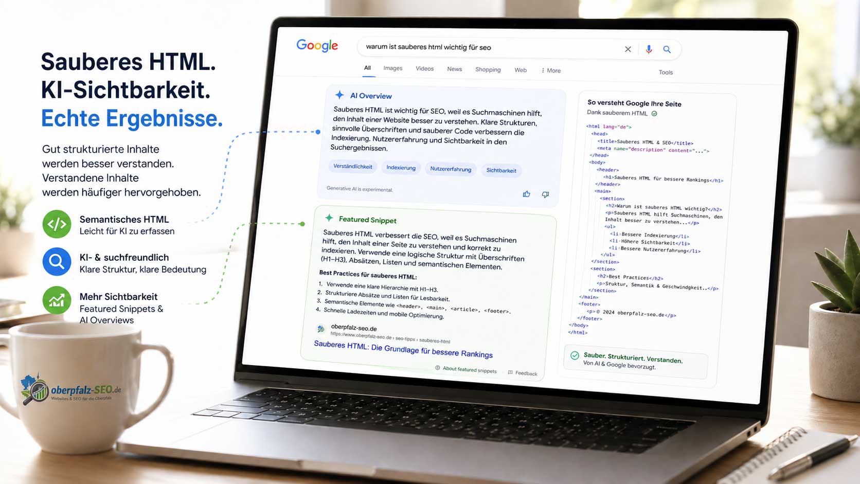 Visualisierung eines KI-Suchergebnisses mit Google AI Overviews — sauberer HTML-Content wird als Featured Snippet und AI-Summary ausgespielt