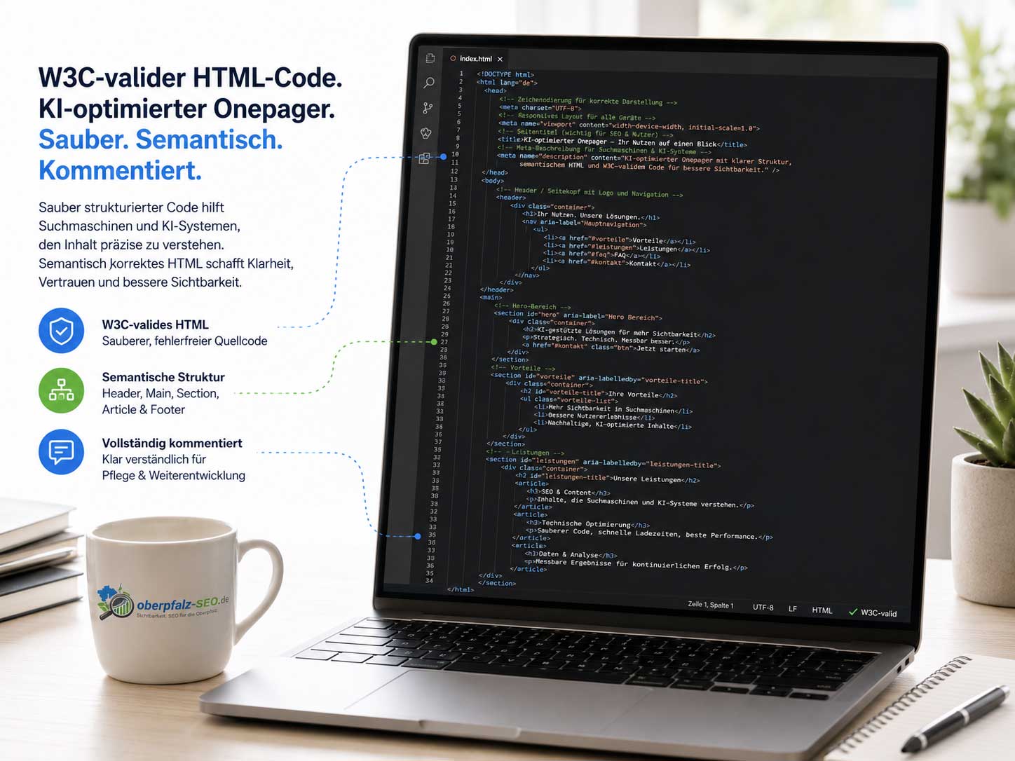 W3C-valider HTML-Code eines KI-optimierten Onepagers in einem Code-Editor — sauber strukturiert, semantisch korrekt und vollständig kommentiert