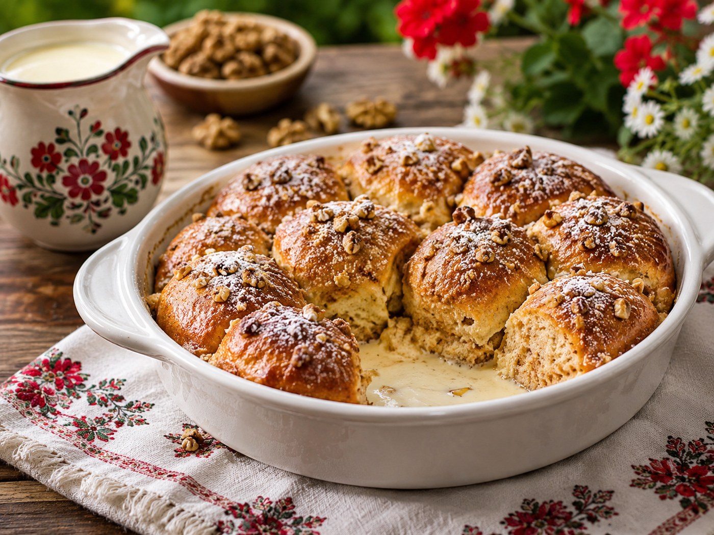Ungarische Aranygaluska Goldnockerl mit Vanillesauce und Nüssen