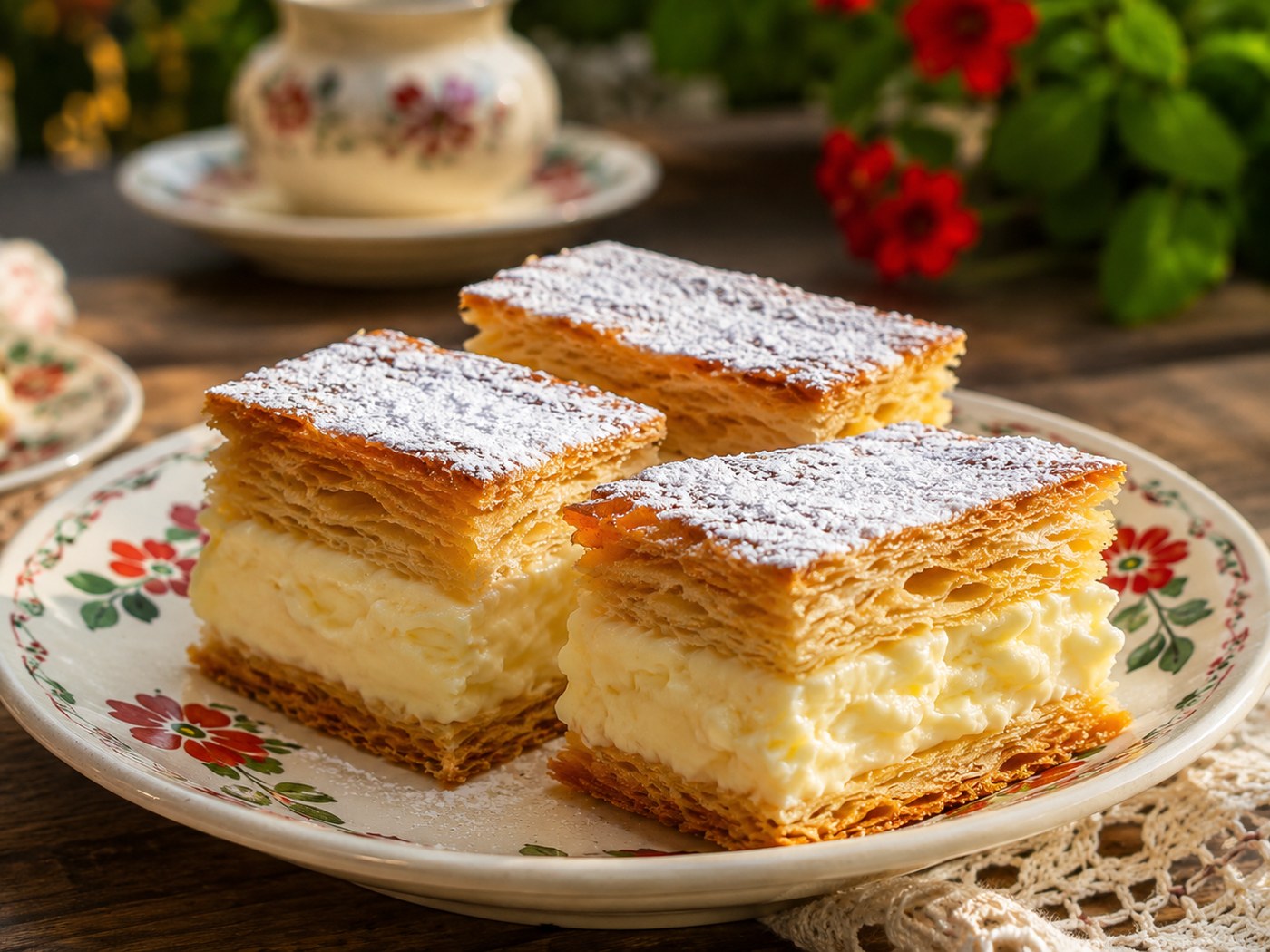 Ungarische Cremeschnitte mit Vanillecreme, Blätterteig und Puderzucker