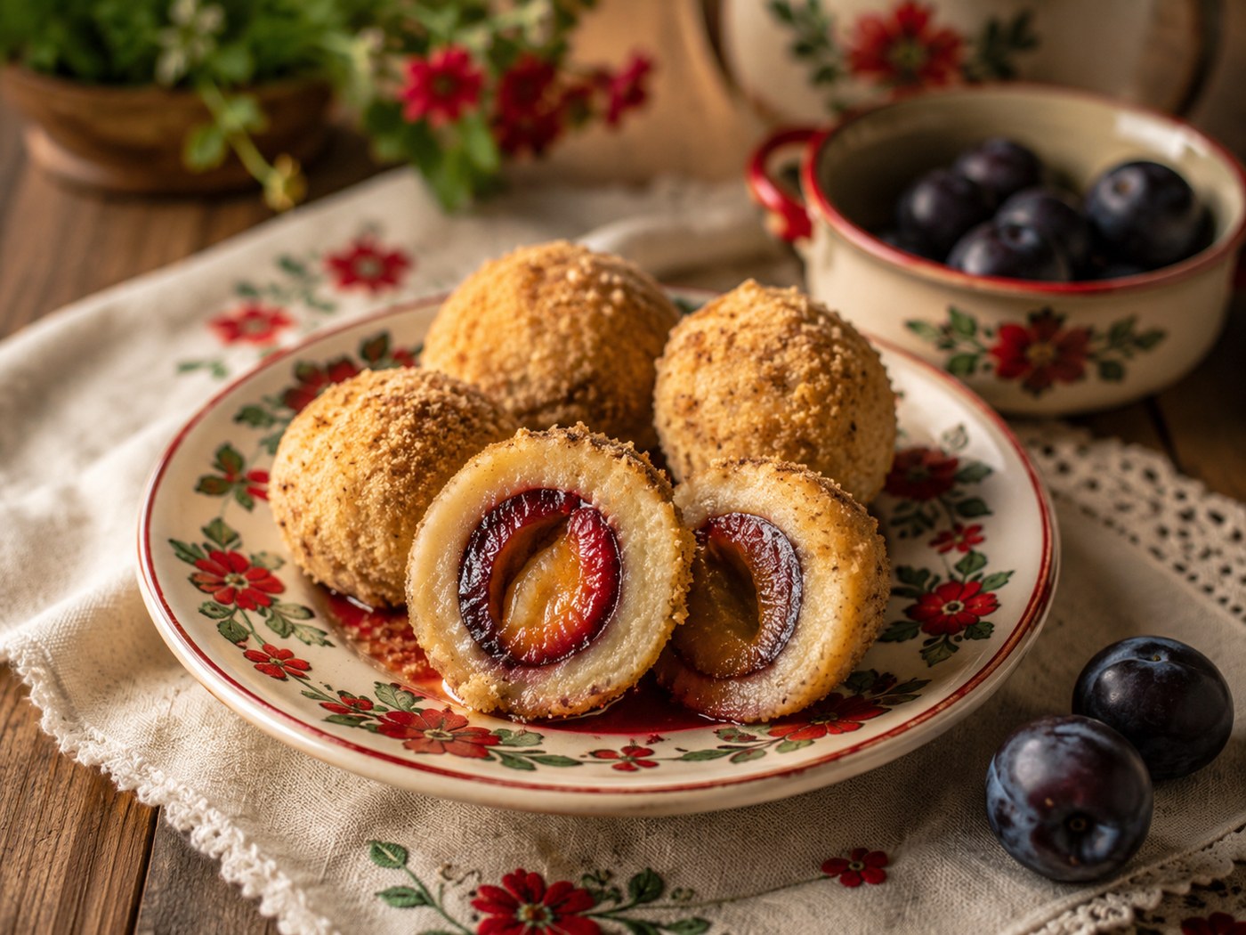 Ungarische Pflaumenknödel Szilvás gombóc mit Bröseln und Pflaumenfüllung