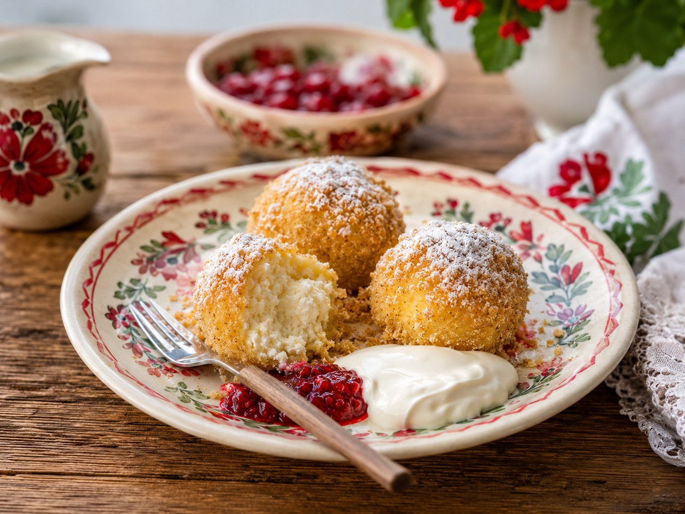 Ungarische Topfenknödel Túrogombóc mit Bröseln, Sauerrahm und roter Fruchtsauce