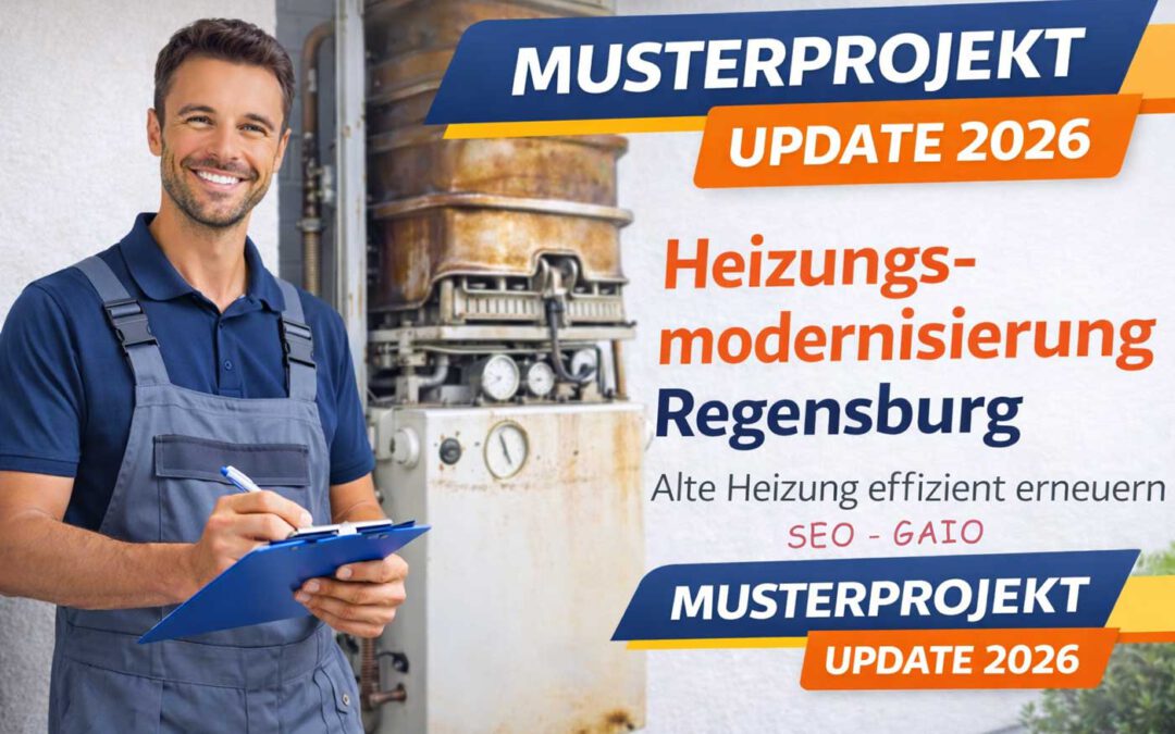 Heizungsmodernisierung Regensburg mit Musterprojekt-Banderole und Techniker vor alter Heizungsanlage zur Demonstration einer SEO- und GAIO-optimierten LeistungsseiteTitelbild Heizungsmodernisierung Regensburg mit Musterprojekt-Banderole und Techniker vor alter Heizungsanlage zur Demonstration einer SEO- und GAIO-optimierten Leistungsseite