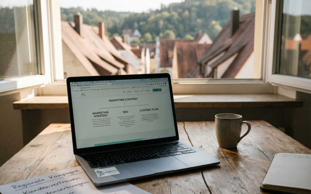Arbeitsplatz mit Laptop und Marketing-Strategie auf dem Bildschirm, regionales Umfeld im Hintergrund, Symbol für Local SEO und Marketing in der Oberpfalz