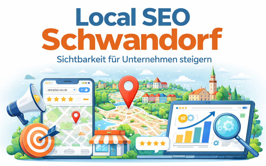 Illustration mit Stadtkarte von Schwandorf, Google Maps auf Smartphone, SEO-Daten auf Laptop – Text: „Local SEO Schwandorf – Sichtbarkeit für Unternehmen steigern