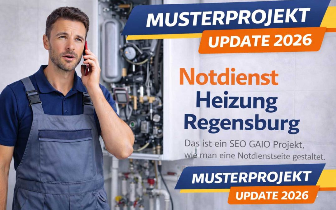 Notdienst Heizung Regensburg mit Musterprojekt-Banderole und Techniker bei Störungssuche an einer Heizungsanlage zur Demonstration einer SEO- und GAIO-optimierten Notdienst-Seite