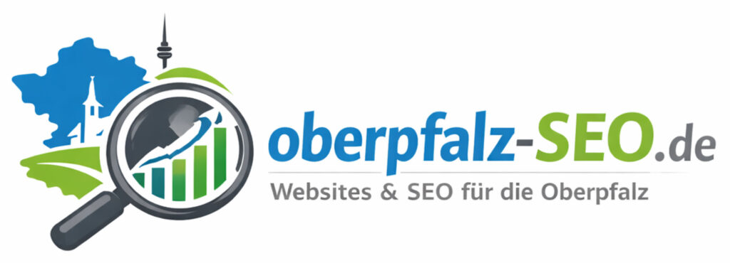 Logo von oberpfalz-seo.de mit Lupe, Wachstumssymbol und regionalem Bezug zur Oberpfalz – Dienstleistung für Websites und Suchmaschinenoptimierung - im Querformat