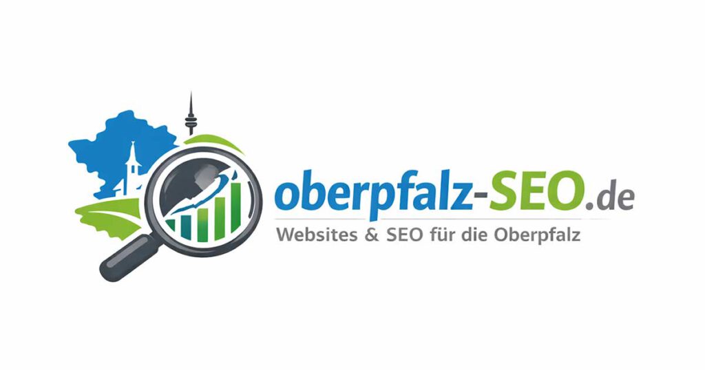 Logo von oberpfalz-seo.de mit Lupe, Wachstumssymbol und regionalem Bezug zur Oberpfalz – Dienstleistung für Websites und Suchmaschinenoptimierung