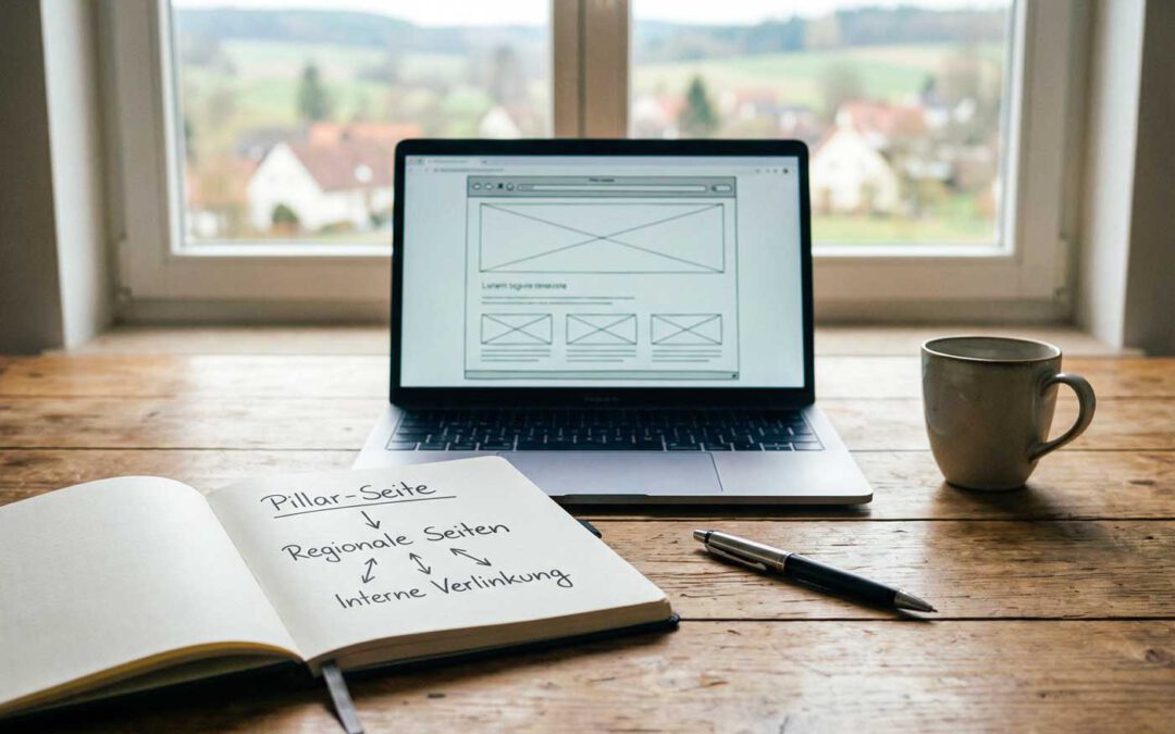 Arbeitsplatz mit Website-Struktur-Skizzen und interner Verlinkungslogik, Symbol für nachhaltiges Local SEO in der Oberpfalz