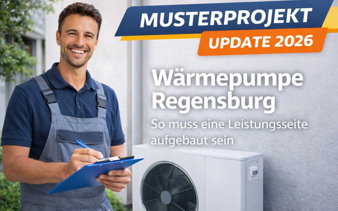 Wärmepumpe Regensburg mit deutlich sichtbarer Musterprojekt-Banderole und Techniker an einer Luft-Wasser-Wärmepumpe zur Demonstration einer SEO- und GAIO-optimierten Leistungsseite