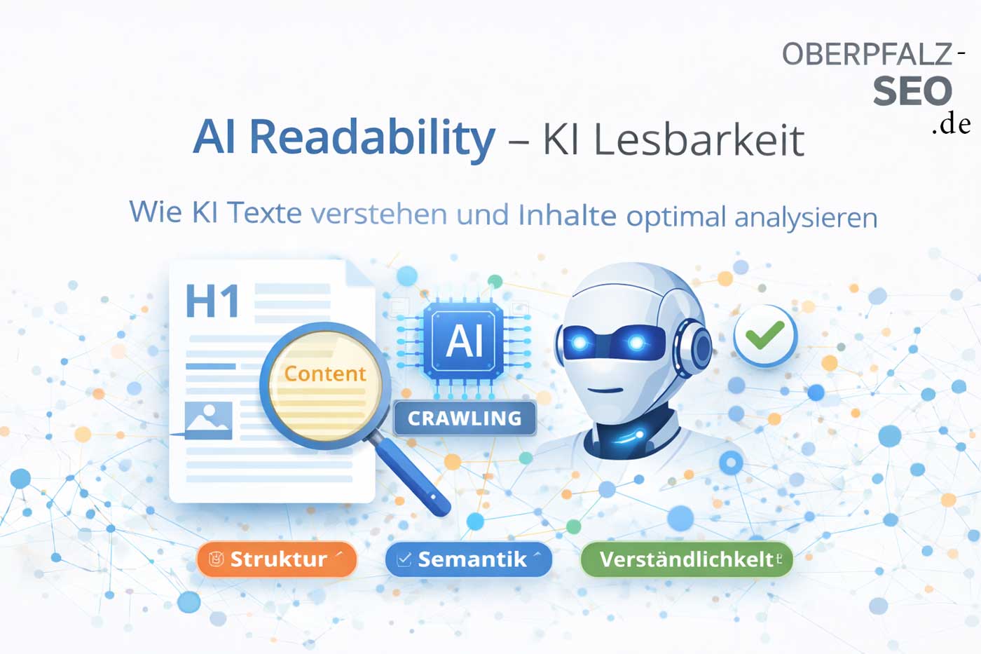 AI Readability erklärt – Symbolbild mit KI-Roboter, Content-Dokument und Struktur-Elementen zur Darstellung, wie KI-Systeme Inhalte verstehen und analysieren