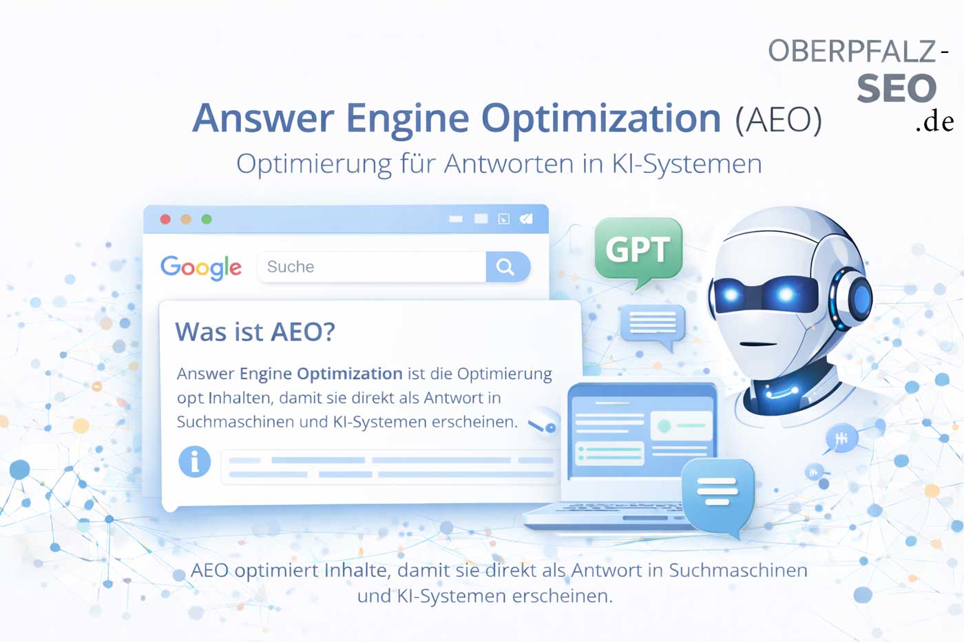 Answer Engine Optimization erklärt – Symbolbild mit KI-System, Suchanfrage und Antwortdarstellung zur Optimierung von Inhalten für Google und KI-Systeme