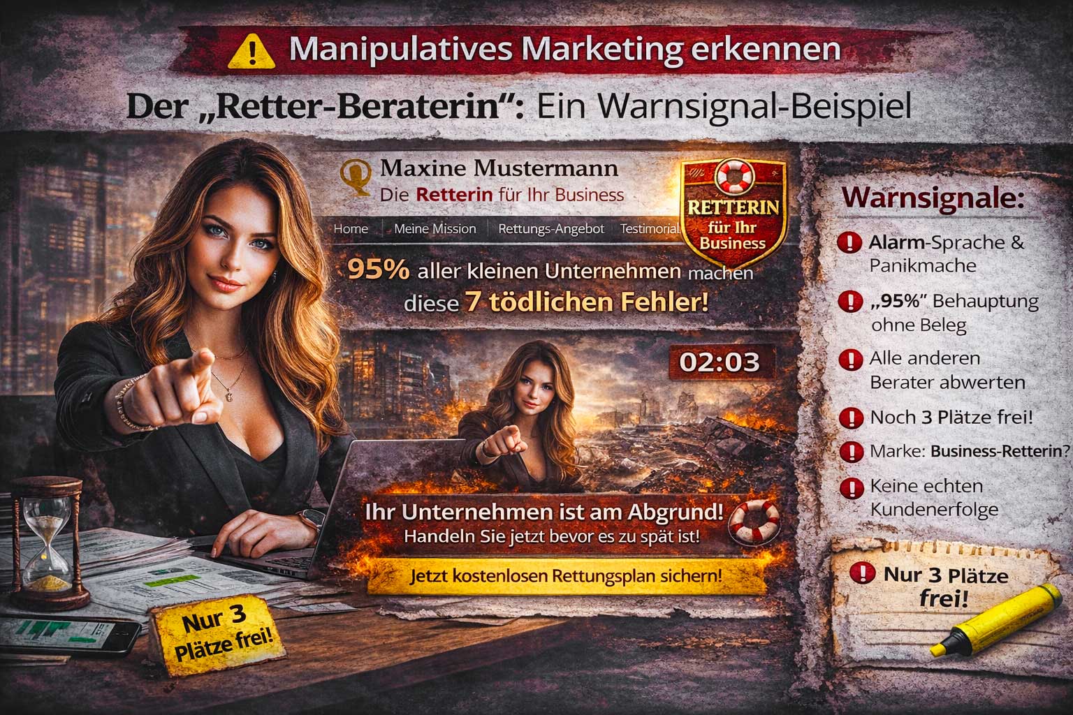 Oberpfalz SEO Schwandorf – Marketing Manipulation: vermeintliche Business-Beraterin mit Alarm-Sprache, Countdown-Timer und unbelegten 95%-Behauptungen als Warnbeispiel für manipulative Marketing-Rhetorik.
