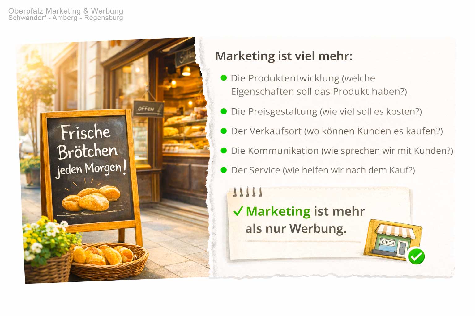 Oberpfalz Marketing – SEO und Suchmaschinenoptimierung für Google-Rankings und KI-Sichtbarkeit in Schwandorf, Regensburg und Amberg, erklärt am Beispiel einer Bäckerei: ganzheitliches Marketing statt nur Werbung.
