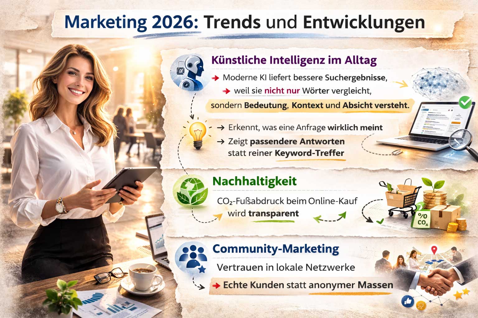 Oberpfalz SEO – Marketing 2026 Trends: Business-Frau mit Smartphone, Darstellung von KI-gestützten Google-Rankings, verbesserter Suchergebnis-Qualität durch Kontextverständnis sowie nachhaltiger und regionaler Online-Sichtbarkeit.