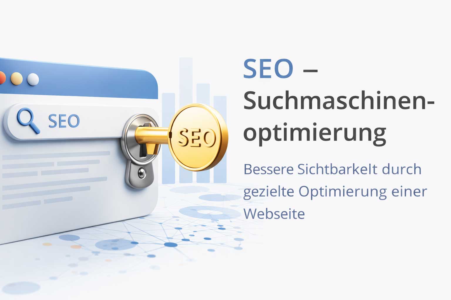 SEO Suchmaschinenoptimierung erklärt – Symbolbild mit Schlüssel für bessere Sichtbarkeit von Webseiten in Google und KI-Systemen