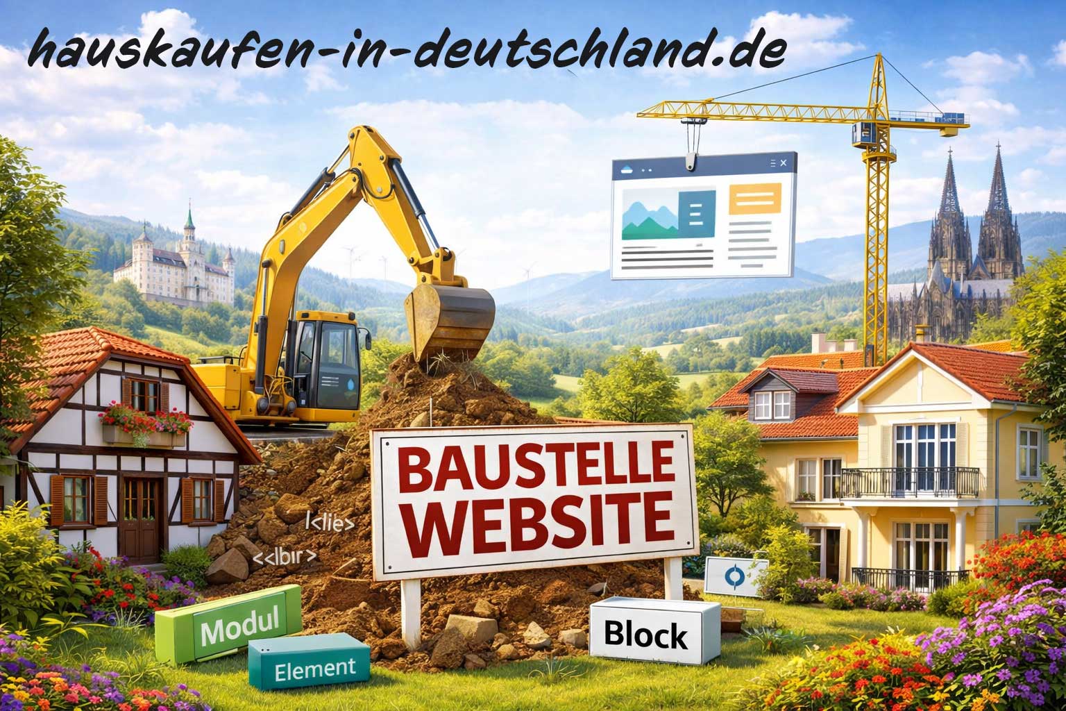 Website neu aufbauen mit WordPress, SEO und GAIO Struktur – Illustration einer Baustelle für den strukturierten Website-Relaunch mit Elementen, Modulen und Blöcken