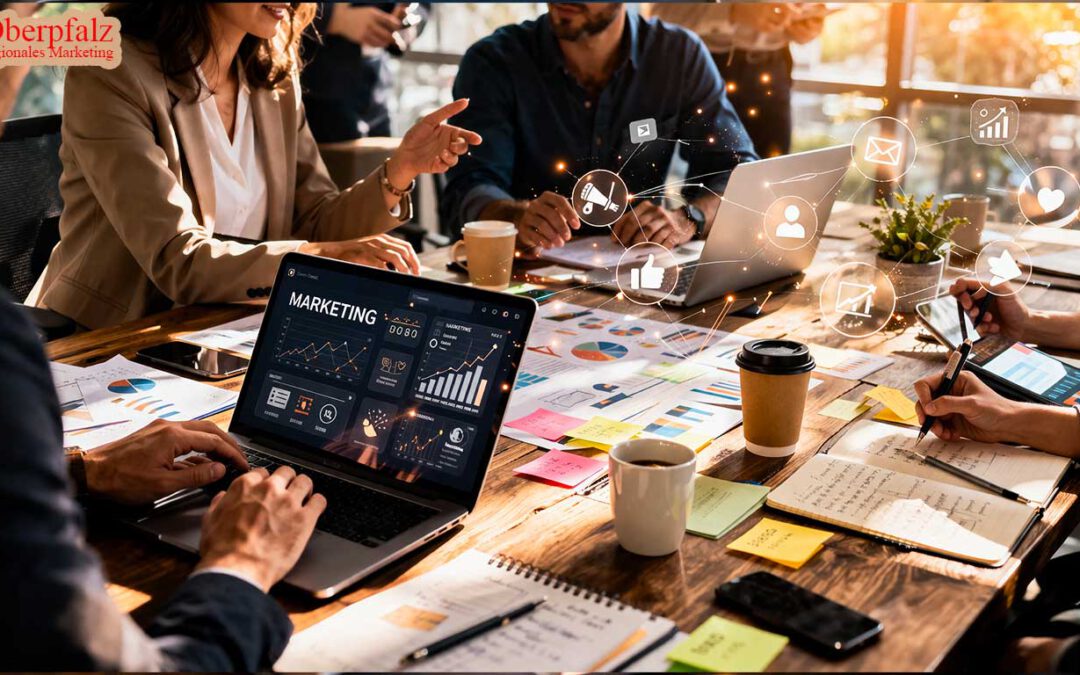 Person arbeitet an einem Laptop in modernem Workspace, auf dem Bildschirm abstrakte vernetzte Symbole für Unternehmen, Menschen und Events – Symbolbild für regionales Marketing und lokale Sichtbarkeit in der Oberpfalz