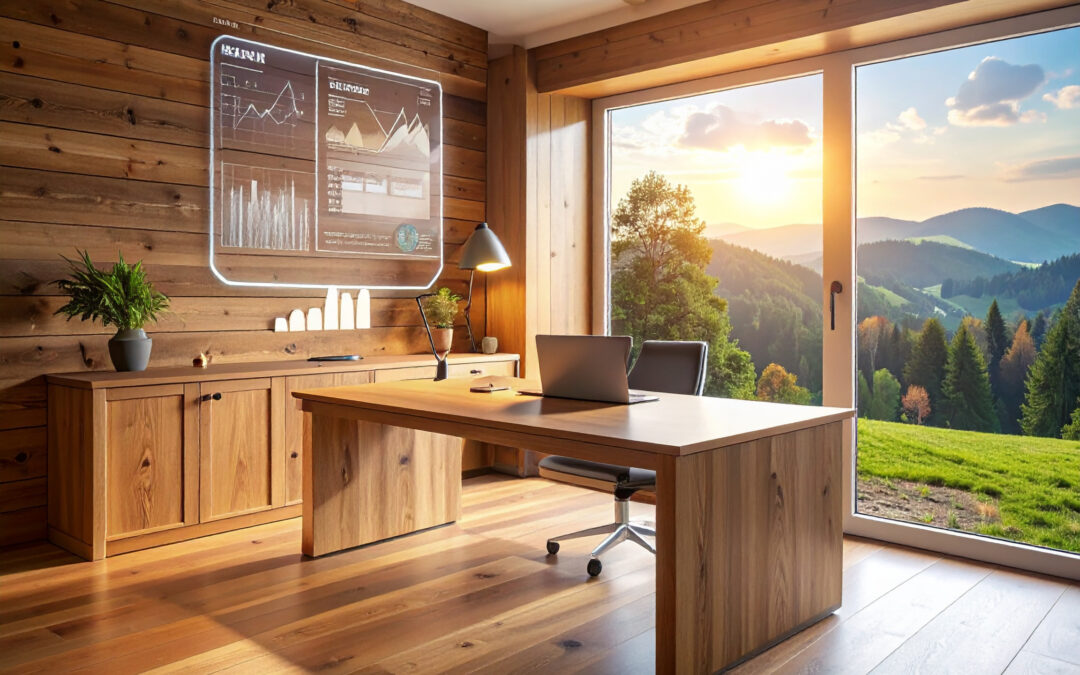 seoberpfalz Büro in Schwandorf zeigt modernes KI Marketing Arbeitsumfeld mit Laptop, Holzeinrichtung und digitaler Analyse an der Wand