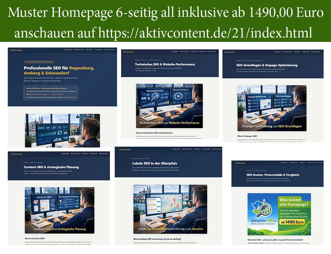 Mit Fokus auf Suchmaschinenoptimierung, lokaler Sichtbarkeit und technischer Performance in der Oberpfalz zeigt dieses Beispiel eine strukturierte Unternehmenswebsite mit Vorschaubildern.