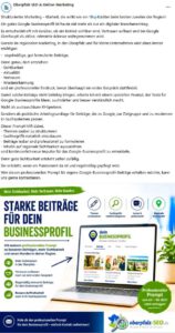 Screenshot eines Facebookbeitrags von Oberpfalz SEO & Online-Marketing über strukturierte Google-Business-Beiträge, regionale Sichtbarkeit, Vertrauen und professionelle Profilpflege für Unternehmen in der Oberpfalz.