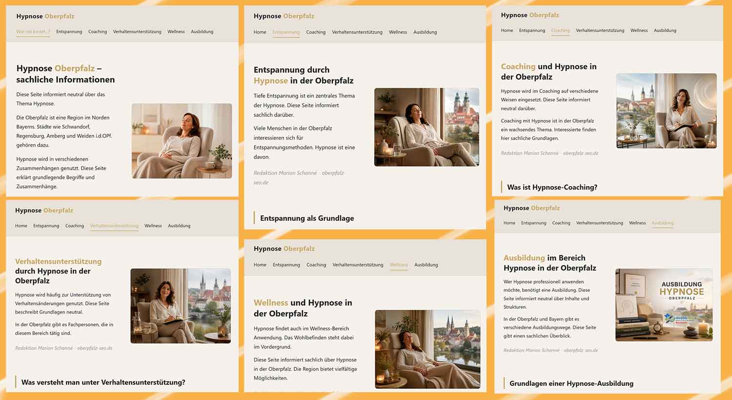 Sechsseitige SEO-Musterseite zum Thema Hypnose Oberpfalz mit Beispielseiten für Entspannung, Coaching, Verhaltensunterstützung, Wellness und Ausbildung.