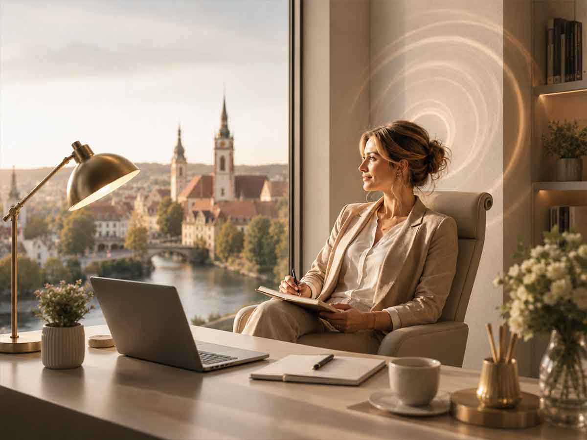 Modernes Office mit Schreibtisch, Laptop und stilvoller Beratungssituation, dazu subtiler Hypnose Touch und Blick auf die Oberpfalz – passendes Titelbild für eine SEO Erklärseite zum Thema Hypnose Oberpfalz.