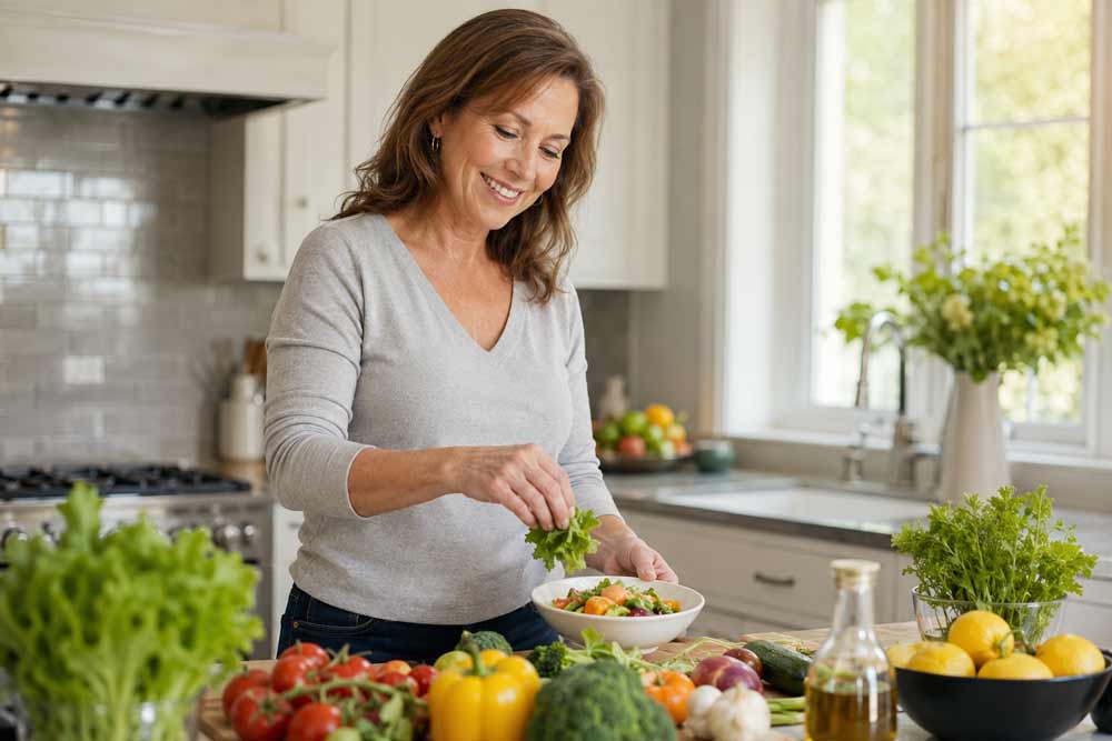 Abnehmen und gesundes Gewicht halten im Alltag Frau bereitet in heller Küche einen frischen Salat zu – Symbolbild für gesunde Ernährung und langfristiges Abnehmen