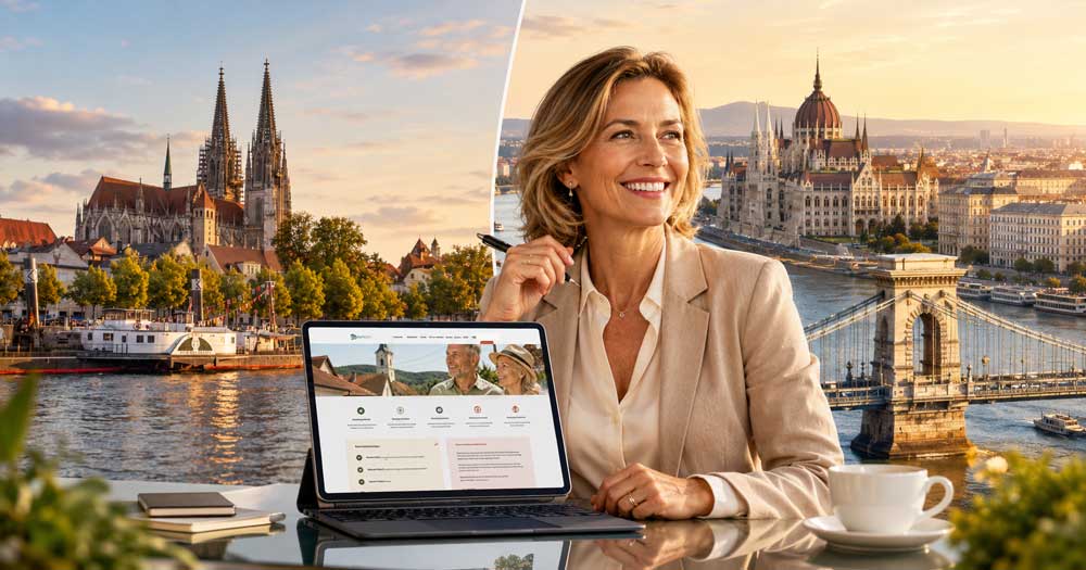 Hochwertige Collage mit stolzer Geschäftsfrau am Laptop, Regensburger Kulisse auf der einen Seite, Budapest auf der anderen Seite und ein Onepager auf dem Bildschirm als Symbol für Beratung und Online Auftritt
