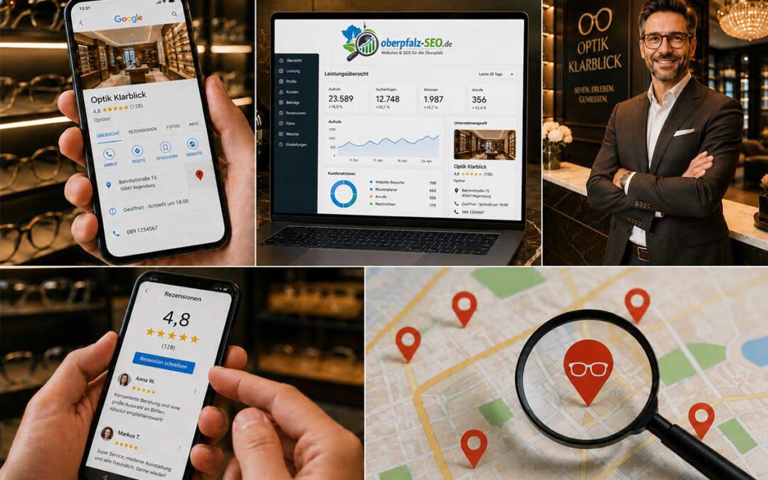 Edles Business Motiv für Selbstständige mit Google Unternehmensprofil, Bewertungen, Standortkarte und SEO Statistik auf einem Laptop in hochwertigem Ambiente