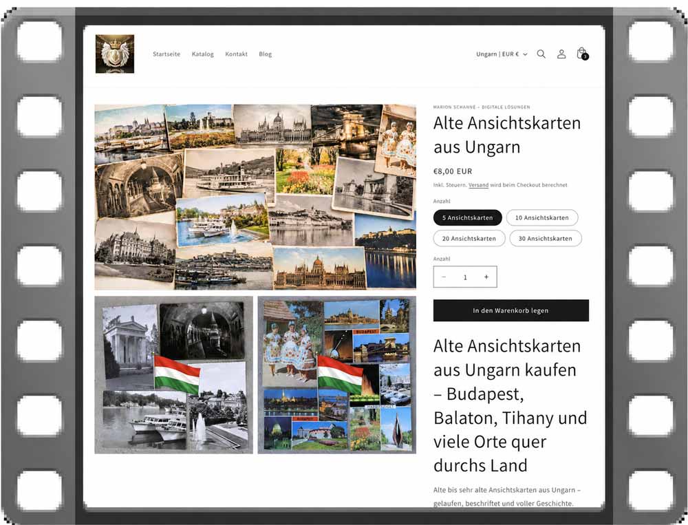 Onepager Screenshot eines Online-Shops für alte Ansichtskarten aus Ungarn mit Postkarten aus Budapest, Balaton, Tihany und weiteren ungarischen Orten.