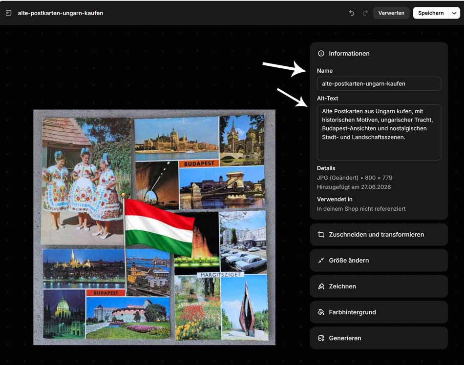 Screenshot eines Onepager Onlineshops beim Einbau eines Bildes mit Dateiname und ALT-Text für alte Postkarten aus Ungarn.