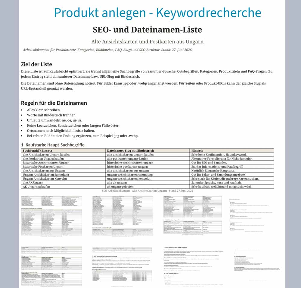 Die Onepager Keyword Recherche ist wie das Fundament eines Hauses. Screenshot einer 9seitigen Recherche.