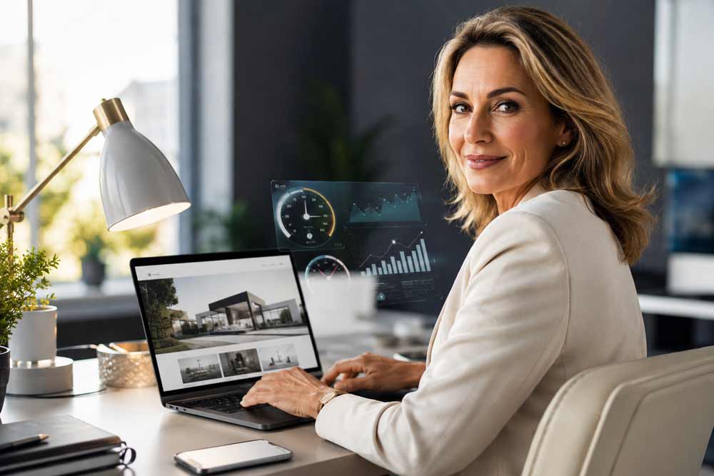 KI- und SEO-optimierte Onepager für mehr Sichtbarkeit Frau im modernen Büro arbeitet am Laptop mit Website und Analyse-Daten – Symbolbild für KI- und SEO-optimierte Onepager