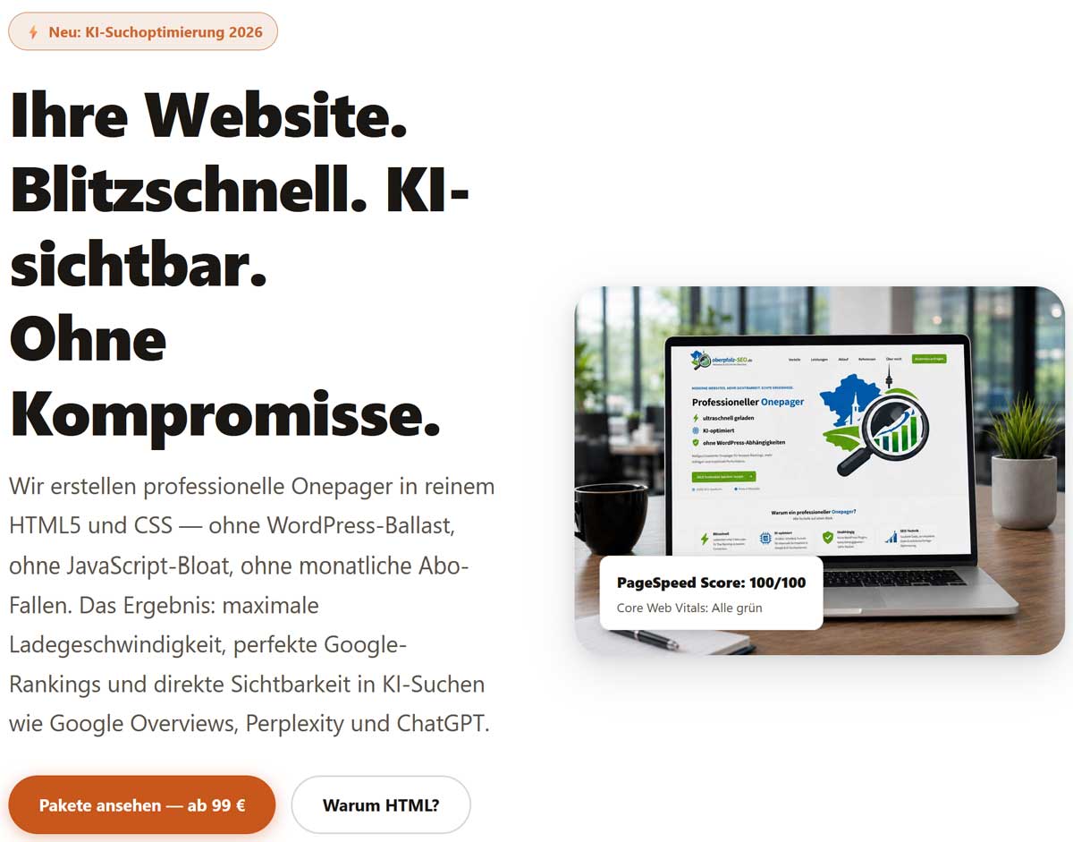 Startbereich einer Oberpfalz SEO Seite über professionelle Onepager in HTML5 mit Laptopansicht und PageSpeed Score 100