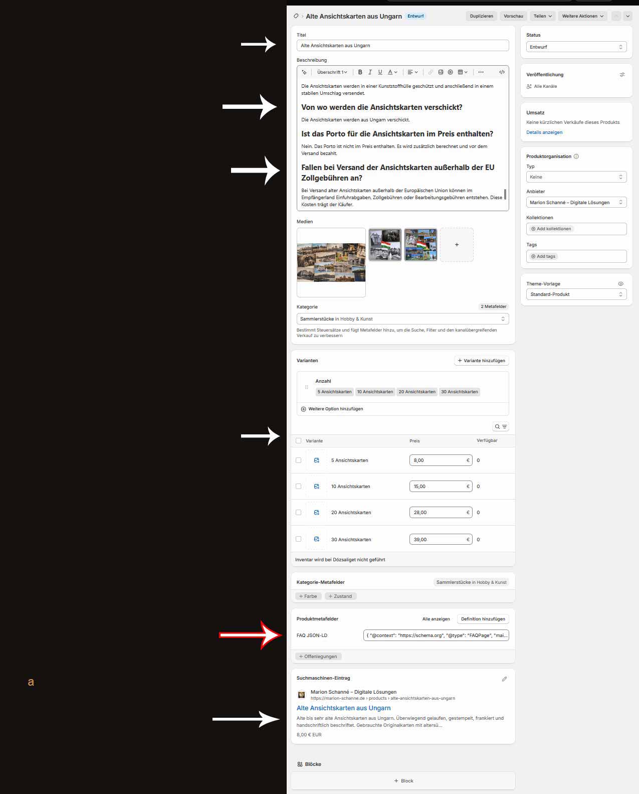 Onepager Screenshot eines Shopify-Produktes für alte Ansichtskarten aus Ungarn mit Produkttitel, Beschreibung, Suchbegriffen, Varianten, Preisen und FAQ-JSON-LD für SEO und KI-Suche.