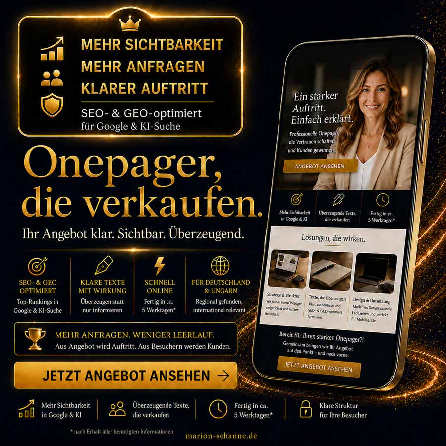 SEO- und GEO-optimierte Onepager mit Nutzenversprechen wie mehr Sichtbarkeit, mehr Anfragen und klarer Auftritt sowie Smartphone-Mockup einer modernen Onepager-Seite.