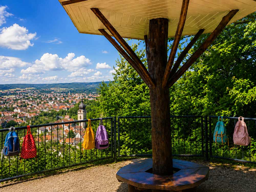 Am Schwammerling in Schwandorf Der Schwammerling in Schwandorf mit bunten Taschen am Geländer, blauem Himmel, Blick über die Stadt und die Oberpfälzer Landschaft.