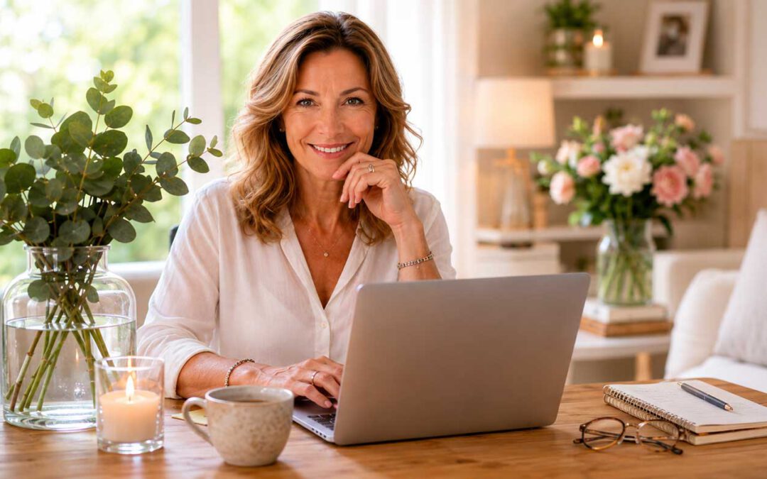 Lächelnde Coach-Frau am Laptop als Titelbild zur SEO für Coaches Case Study