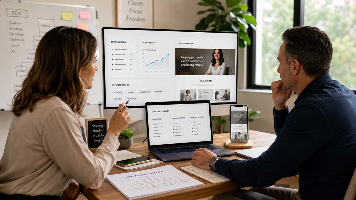 SEO-Strategiegespräch im Büro mit Monitor, Laptop und Website-Planung für bessere Sichtbarkeit eines Coaching-Angebots