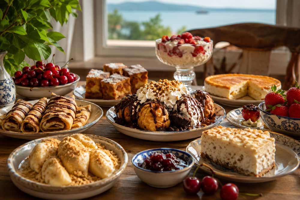 Ungarische Desserts – süße Klassiker vom Balaton Große Auswahl ungarischer Desserts auf einem Holztisch – darunter Palatschinken, Kuchen und süße Mehlspeisen