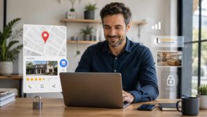 Unternehmensprofil verständlich erklärt: Selbstständiger arbeitet am Laptop mit digitaler Standortanzeige, Bewertungsübersicht und Sicherheitssymbol für geschützte Zugangsdaten.